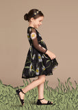 Baby Girls Black Flower Printed dezs Chiffon Dress With Elasticated Cuffs