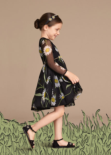 Baby Girls Black Flower Printed dezs Chiffon Dress With Elasticated Cuffs