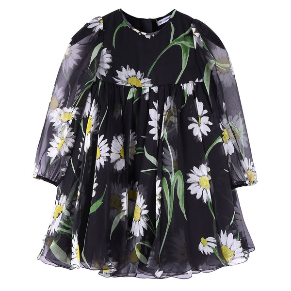Baby Girls Black Flower Printed dezs Chiffon Dress With Elasticated Cuffs